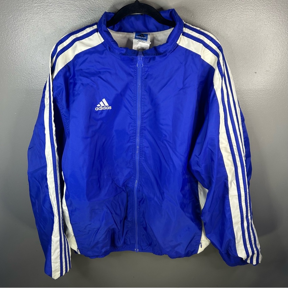 Vintage 90s Team Adidas Blue Three Stripe Zip Up Windbreaker Jacket Size XL